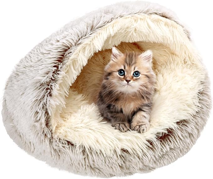 Calming Cat Beds, Fluffy Plush Round Cat Cave Washable, Cozy Warming Anti-Slip Small Dog Bed for