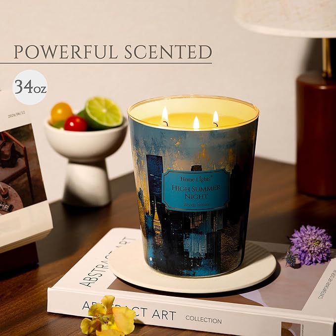 HomeLights High Summer Night Scented Candles | 34oz Soy Candles Industrial Chic 3-Wick Large Candle