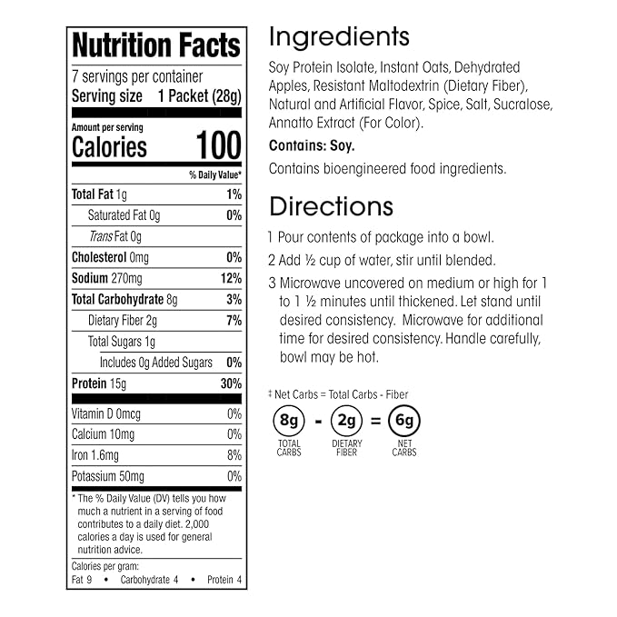 Wonderslim Instant Protein Oatmeal, Apple & Cinnamon, Gluten Free, Low Carb (7ct)