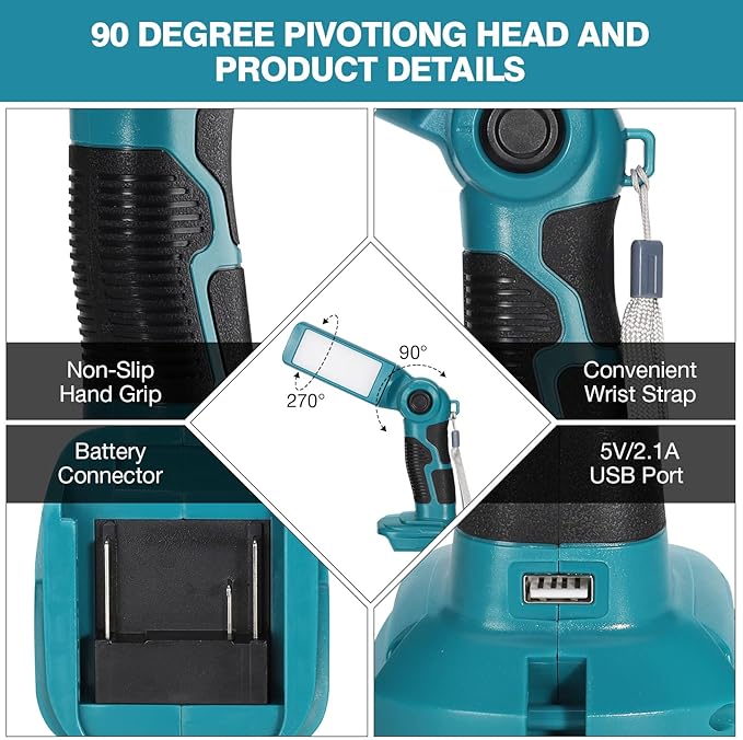 YEX-BUR 12W 1000LM LED Flashlight Work Light for Makita 18V Battery, Jobsite Handheld Spotlight