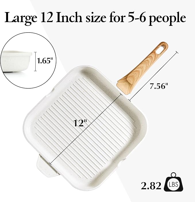 SENSARTE Nonstick Ceramic Grill Pan for Stove Tops, Square Grilling Pan with Pour Spouts, Non Toxic