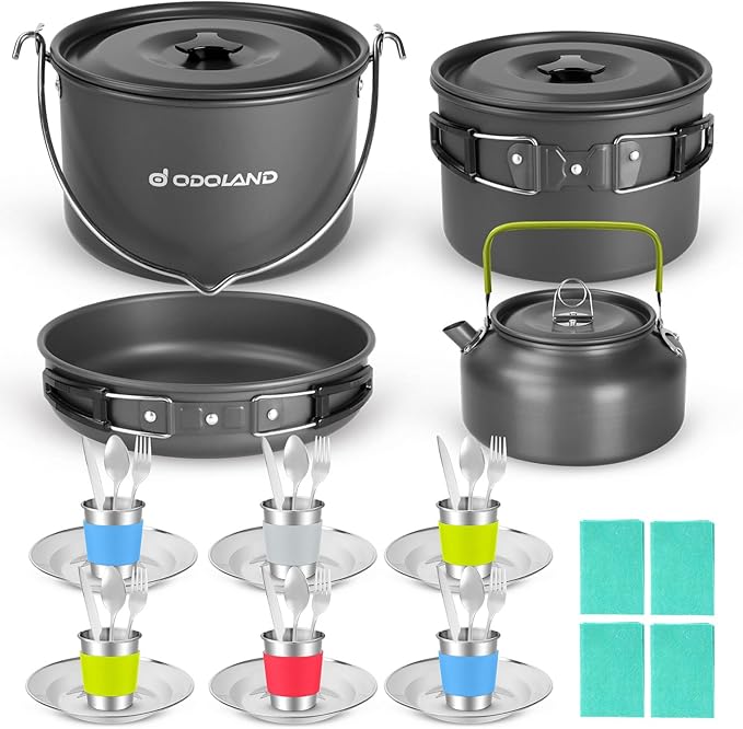 Odoland 39pcs Camping Cookware Mess Kit, Non-Stick Large Size Hanging Pot Pan Kettle with Base
