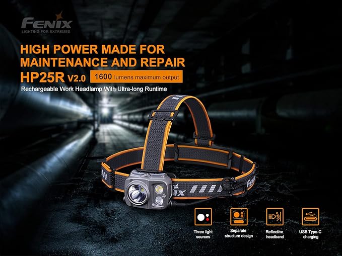 Fenix HP25R v2.0 Headlamp, 1600 Lumen Spotlight, 400 lumens Floodlight and Red Light, USB-C