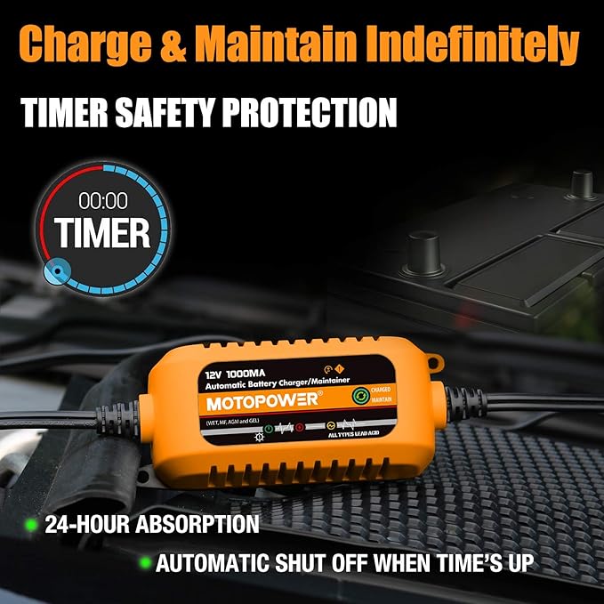 MOTOPOWER 12V 1000mA Automatic Charger - Battery Maintenance - Maintain Charger and Battery