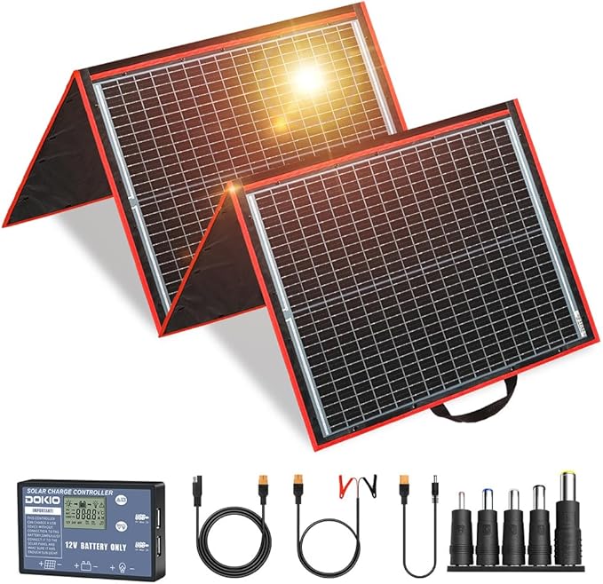DOKIO 150W Portable Foldable Solar Panel Kit (20x21in, 7.3lb), with Separate Controller and Dual