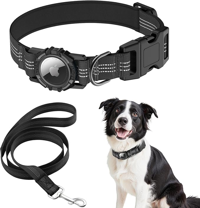 AirTag Dog Collar and Leash, IP68 Waterproof Integrated with Reflective, Ultra-Durable, Comfortable