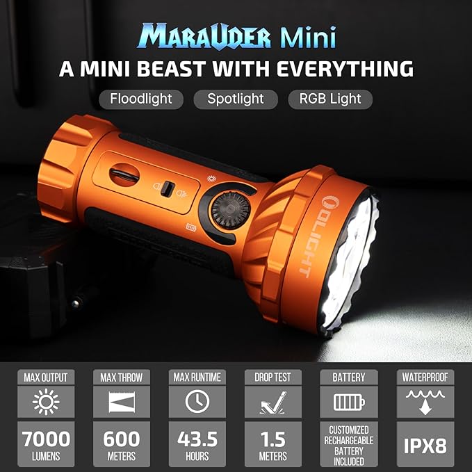 OLIGHT Marauder Mini 7,000 Lumens Bright Flashlight with 600 Meters Beam Distance, Powerful RGB