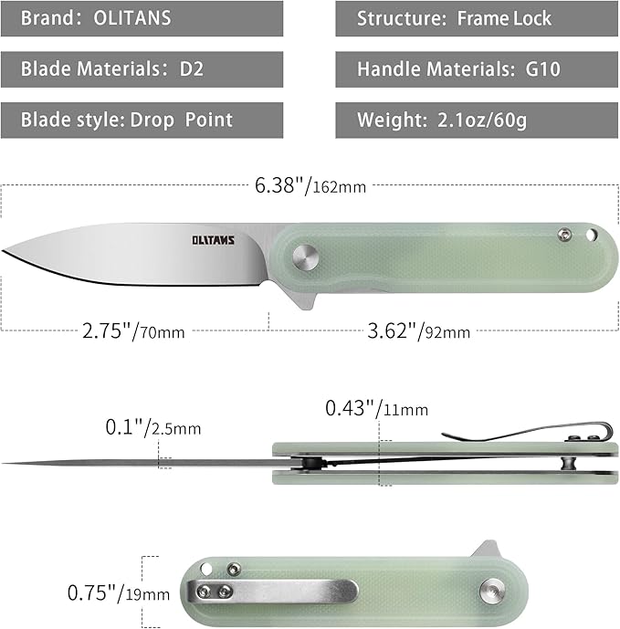G040 Pocket Knife, 2.75'' D2 Steel Blade G10 handle, Small EDC Knife with Pocket Clip for Men