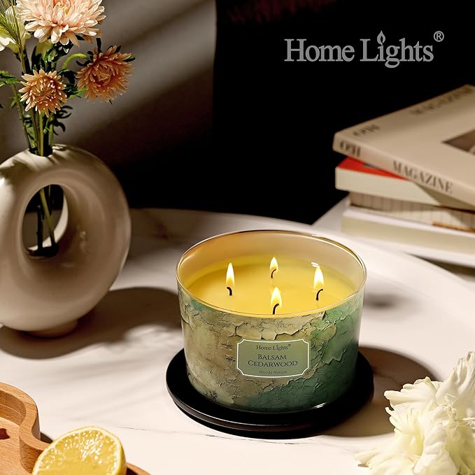 HomeLights Balsam Cedarwood Scented Candles | 18oz Soy Candles Industrial Chic 4-Wick Large Candle
