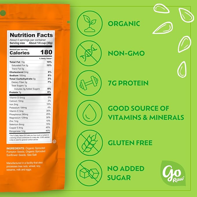 Go Raw Organic Sprouted Sea Salt Sprouted Snacking Seeds, 4 oz, 6 Pack, Pumpkin & Sunflower Seeds