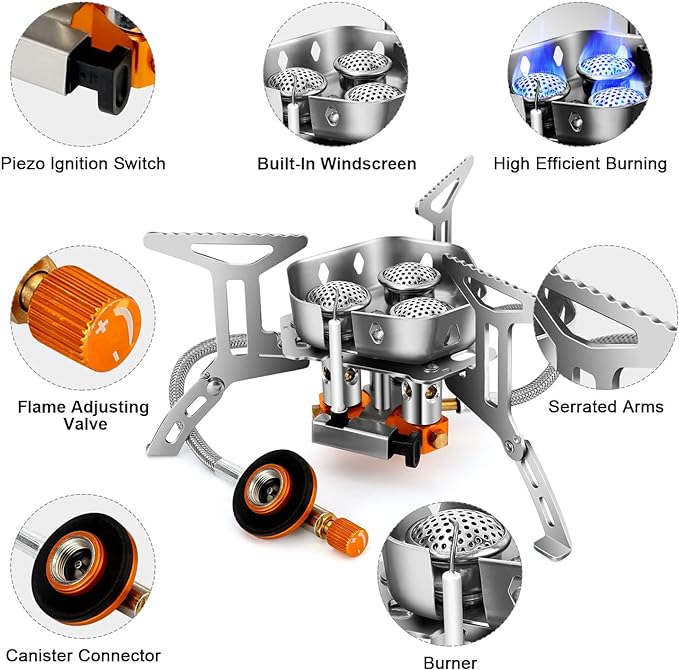 Odoland 3500W/6800W Windproof Camp Stove Camping Gas Stove with Fuel Canister Adapter, Piezo