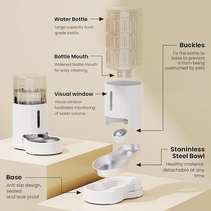 CZPET Automatic 4L/1Gal/135Oz Cat Water Dispenser with Stainless Steel Bowl, Gravity Waterer for
