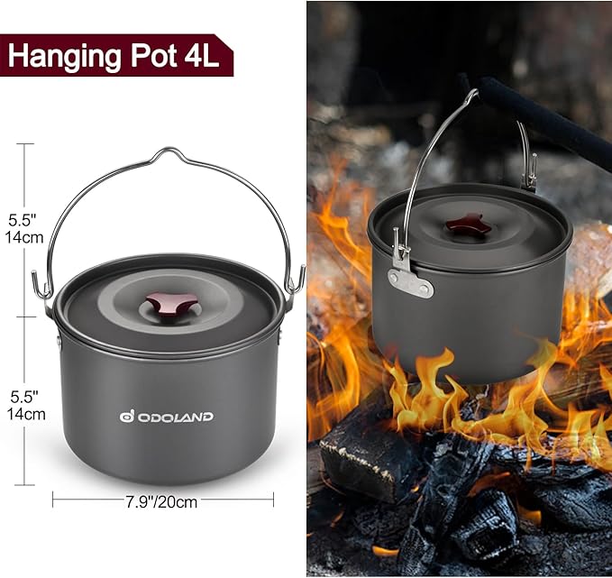 Odoland 22pcs Camping Cookware Mess Kit, Large Size Hanging Pot Pan Kettle with Base Cook Set for