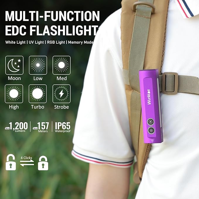 Wurkkos HD01 UV Flashlight, Rechargeable EDC Flashlight, Led Flashlight with 365nm UV Light, 1200