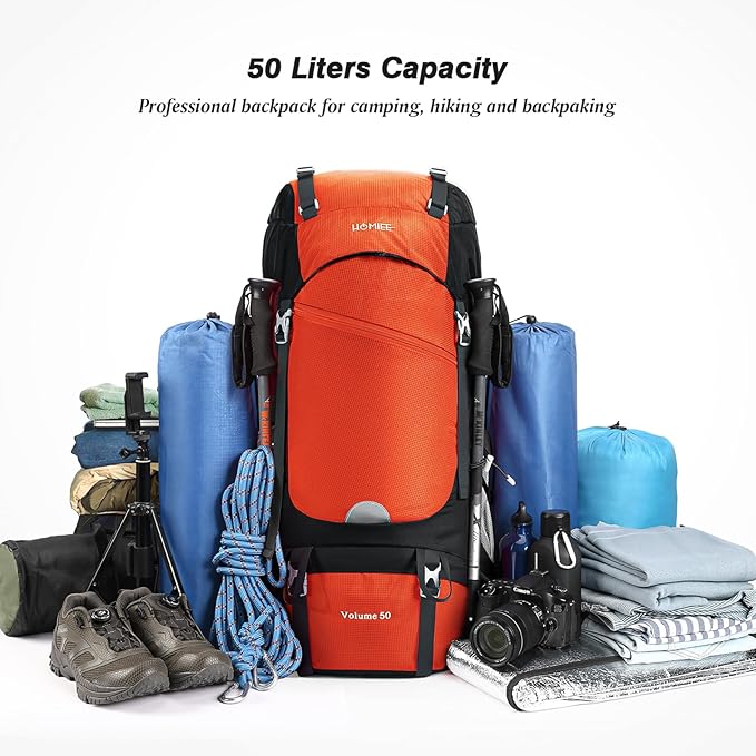 HOMIEE 50L Hiking Backpack Travel Bag Waterproof Camping Rucksack with Rain Cover Lightweight