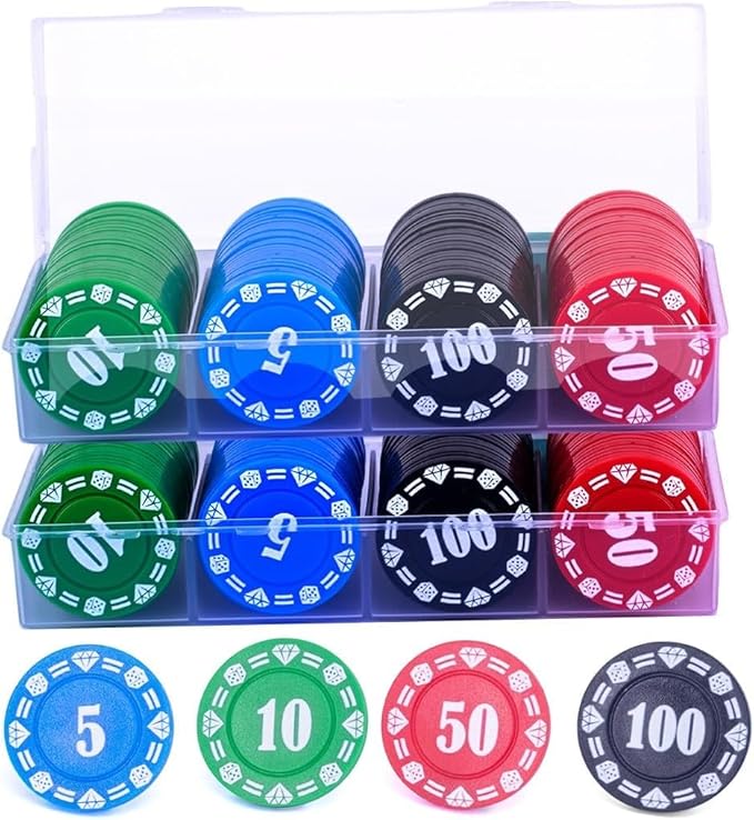 200 Plastic Poker Chips with Storage Box Set,Denomination Printed Casino Style Chip for Texas Home