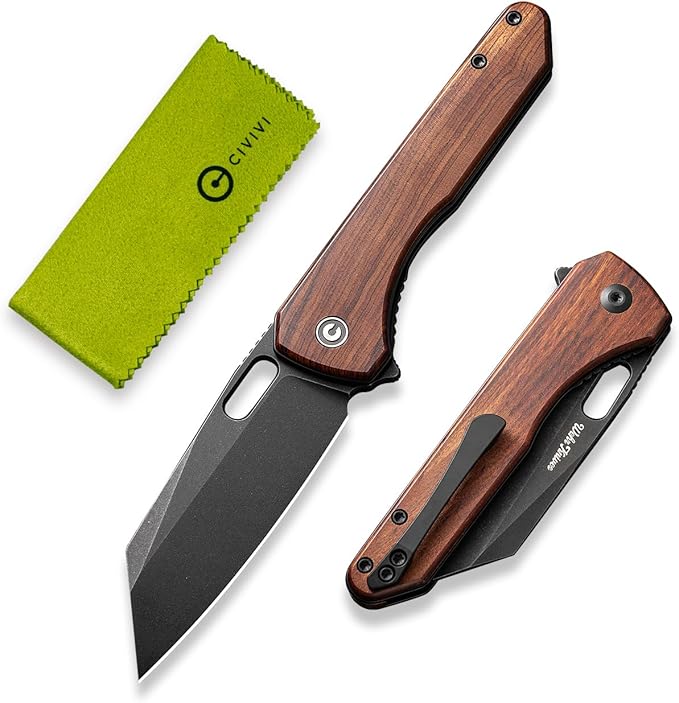 CIVIVI Nugz Folding Pocket Knife for EDC, 3.17" 14C28N Reverse Tanto Blade Wood Handle Flipper