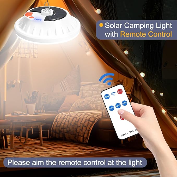 Solar Camping Light with Remote 6000LM, Rechargeable Hanging Light Portable LED for Home, Tent