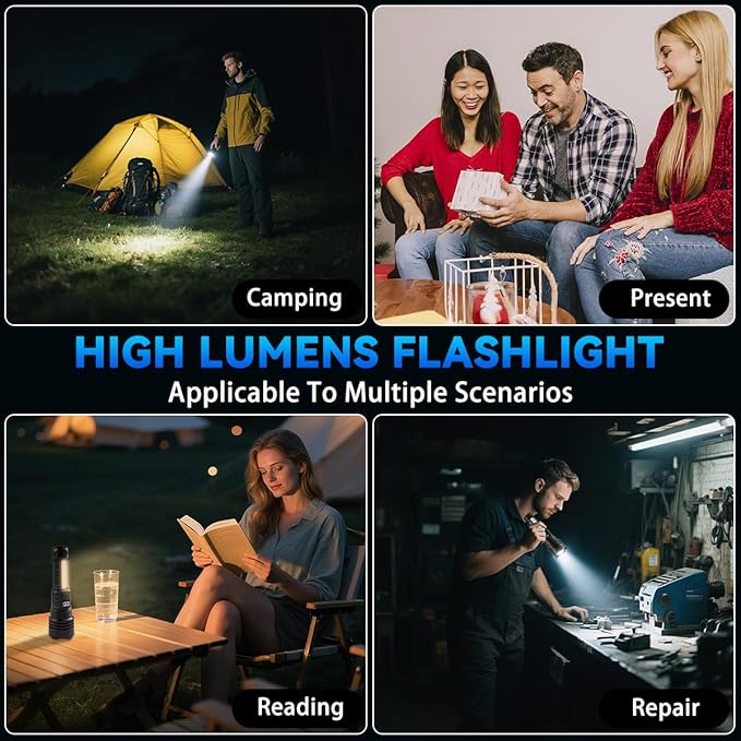 4Pack Flashlights High Lumens 9900FL, 7Mode Flashlight Rechargeable with LCD Digital Display