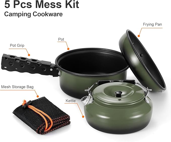 Odoland 5pcs Camping Cookware Non-Stick Camping Pot and Pan Set with Kettle and Removable Handle