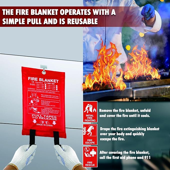 MDH Fire Blanket 40x40 inches Fiberglass w/Gloves Hooks Whistle - Fireproof Safety for Home Kitchen