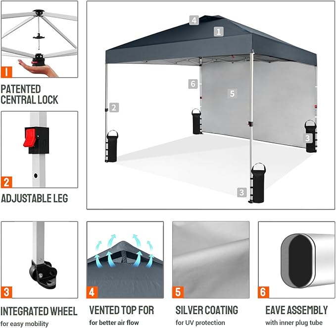 CROWN SHADES 10x10 Pop Up Canopy with 1 Side Wall - Beach Tent with One Push Setup - Outdoor Sun