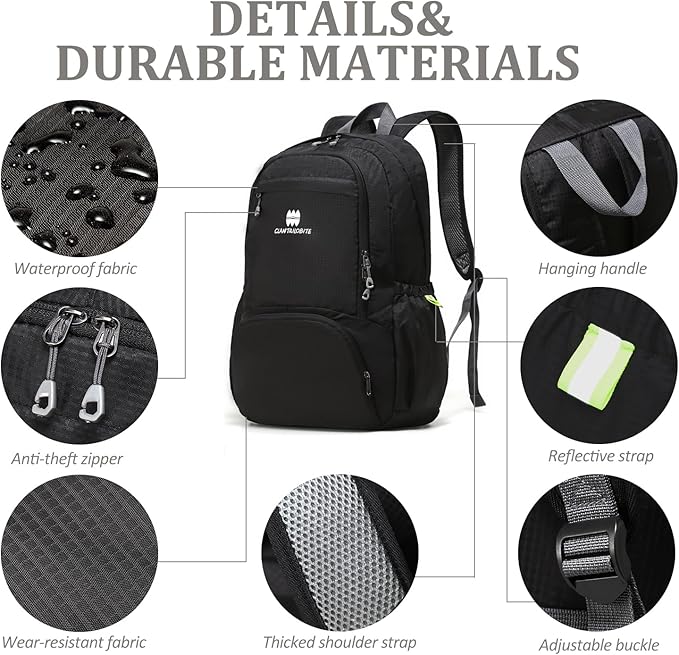 Lightweight Packable Travel Backpack, 30L Black Daypack Hiking Backpack for Women Men, Waterproof
