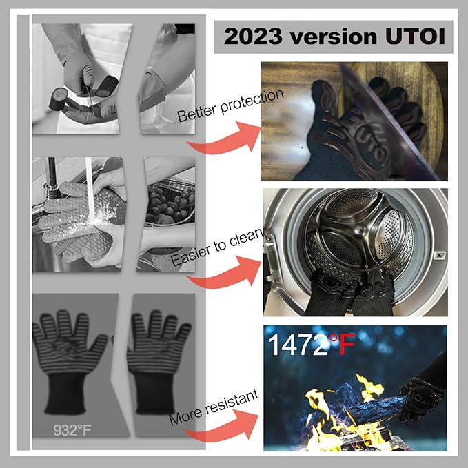 BBQ Grill Gloves, 1472°F Heat Resistant Barbecue Gloves Oven Mitts, Silicone Non-Slip Cooking