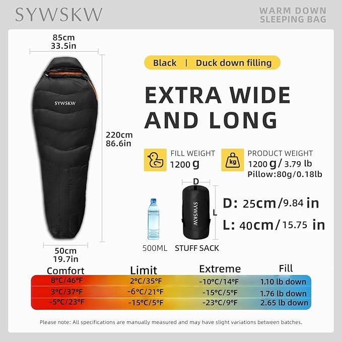 Down Sleeping Bag with Pillow, Lightweight Wide Sleeping Bag (86.6 in x 33.5 in) for Adults
