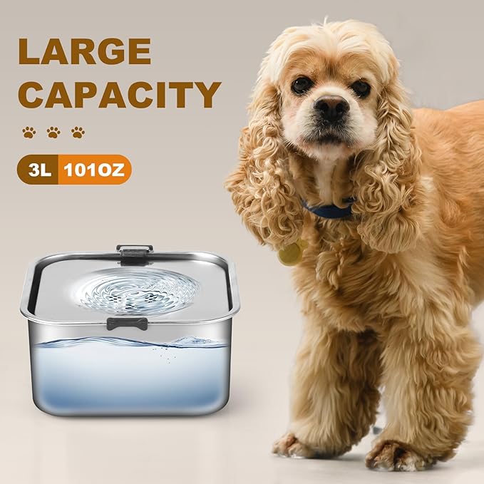 3L/101oz No Spill Dog Water Bowl, Slow Drinking Travel Dog Bowl Spill Proof, Stainless Steel