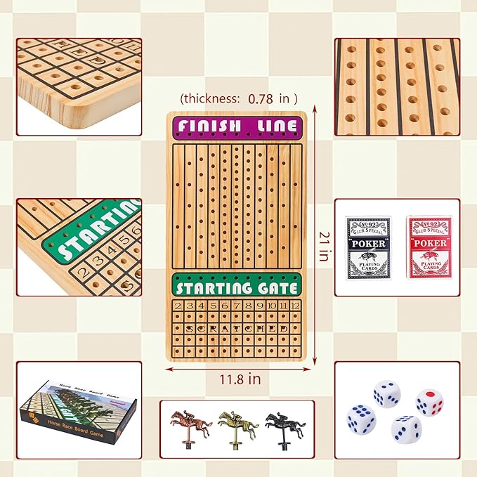 21 in Horse Race Board Game Racing Game Thickened Solid Wood with 11 Metal Horses, 2 Cards & 4