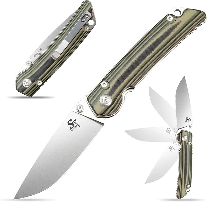 Sitivien ST128 Folding Knife,D2 Blade G10 Handle Safety Liner Lock EDC Tool Knife for Outdoor