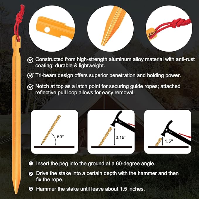 Eurmax USA Hiking Camping Tent Stakes and Hammer Set Lightweight Multi-Function Tent Hammer with