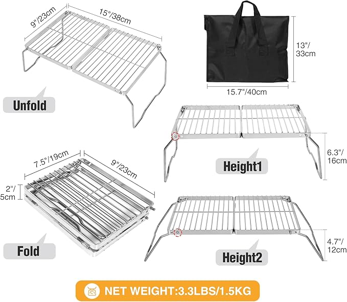 REDCAMP Folding Campfire Grill 304 Stainless Steel Grate, Adjustable Height Portable Camping Grill