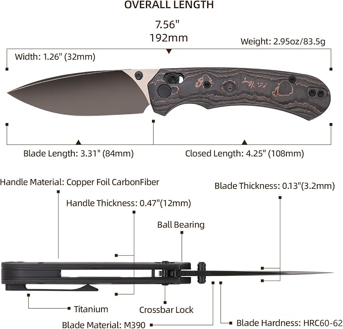 Folding Pocket Knife,3.31” M390 Blade,Erogonomic Titanium Handle,Hunting Survival Knife,EDC Knife