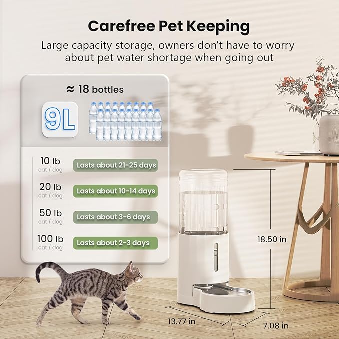 CZPET Automatic 9L Dog and Cat Water Dispenser with Stainless Steel Bowl Gravity Waterer,100%