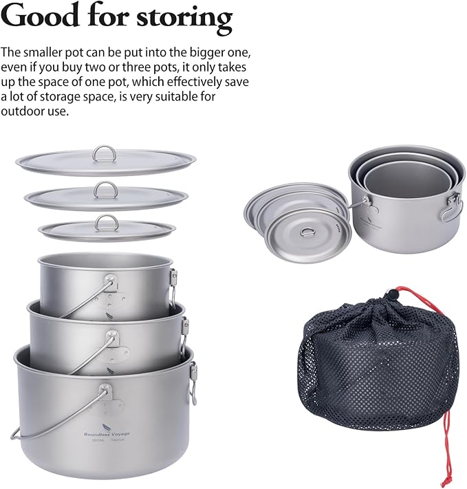 iBasingo 3-Piece Titanium Pot Set (1.3L+1.95L+2.9L) with Lids Ultralight Camping Cookware for