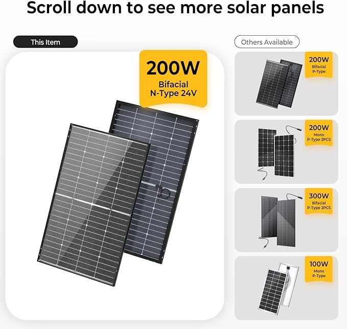 BougeRV 24V N-Type 16BB 200W Bifacial Solar Panel, 24V 200 Watt Solar Panel, for RV Camping Boat