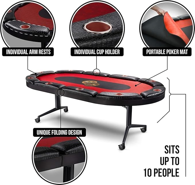 Triton Foldable Poker Table for 10 Players with Poker Chips Set 300- Soft-Padded Armrest