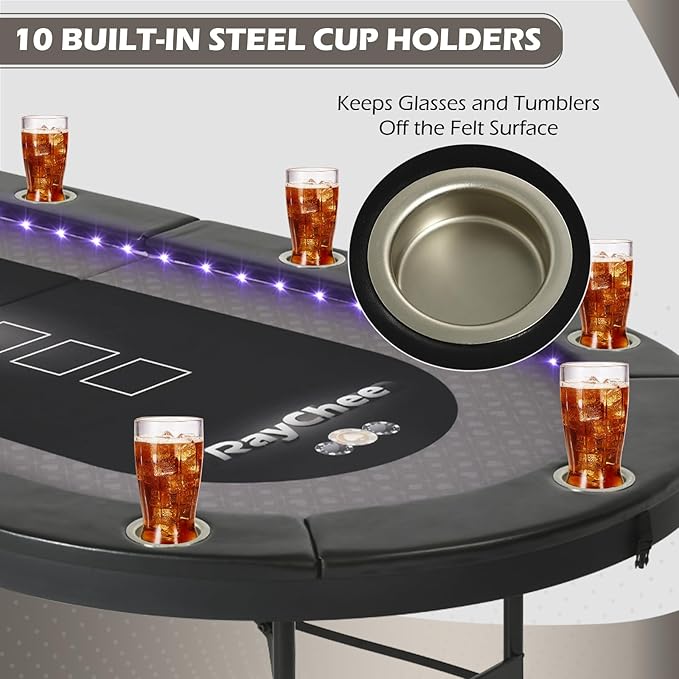 LED Poker Table, 84" 10 Player Foldable Texas Holdem Table w/Inlaid LED Light, 2 USB & 2 Type-c