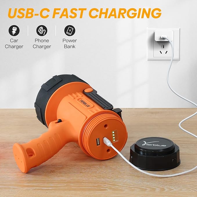 YIERBLUE Rechargeable Spotligh with 1000,000 Lumen LED, Handheld Rechargeable Spotlight IP67