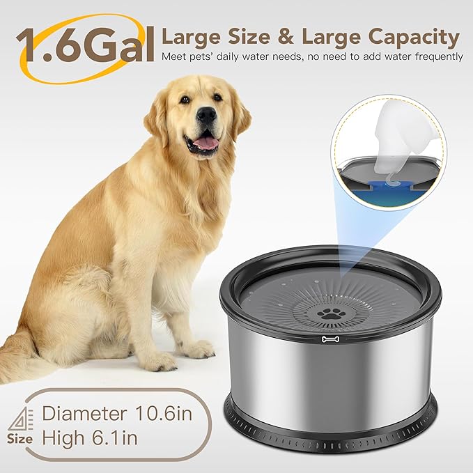 1.6 Gallon Dog Water Bowl, 6.5L/220oz Stainless Steel No Spill Water Bowls for Large Dogs, Super