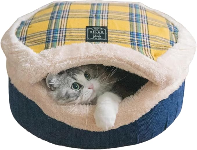 Cat Cave Bed ??Plush, Warm & Calming Hideaway with Detachable Lid & Mat, Covered House for Indoor