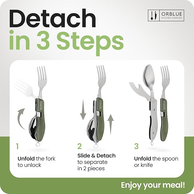 Orblue 4-in-1 Camping Utensils, 1-Pack, Portable Stainless Steel Spoon, Fork, Knife & Bottle Opener