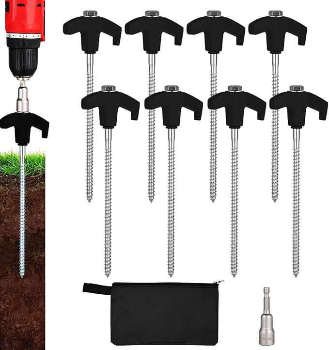 8 Pack Screw in Tent Stakes Heavy Duty,8 Inch Ground Anchors Screw in,Metal Stakes with Hex Head