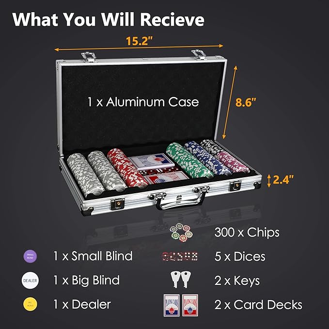 SHANTRA 300 PCS Poker Chips Poker Sets with Aluminum Case, Texas Hold?™Em Poker Set with 11.5 Gram
