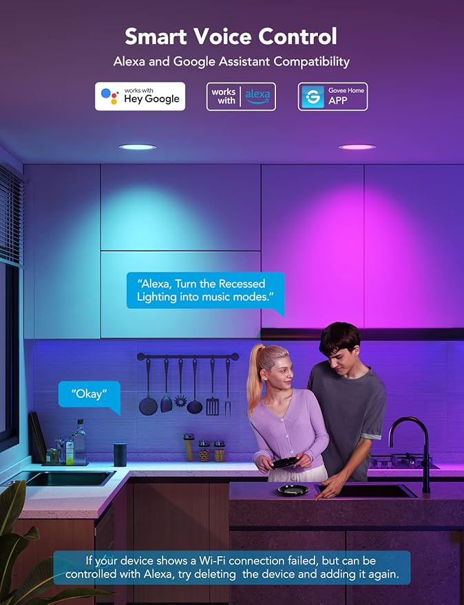 Govee Smart Recessed Lighting 6 Inch, Wi-Fi Bluetooth Direct Connect RGBWW LED Downlight, 65 Scene