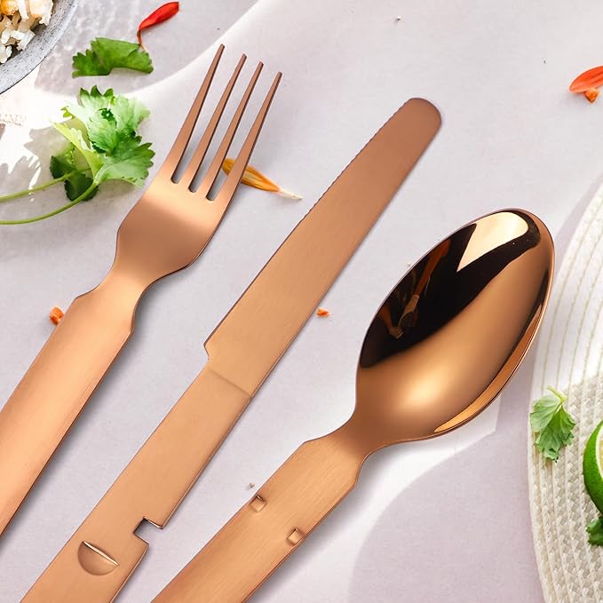 Camping Silverware Copper/Rose Gold Flatware Stainless Steel Eating Utensils Set Travel Portable