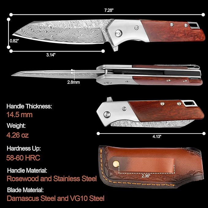 KOMWERO Damascus Pocket Knife with Clip Leather Sheath, 3.14 inch Sharp Damascus Steel Knife with
