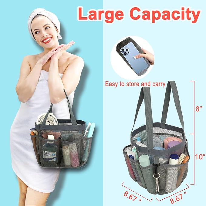 Mesh Shower Caddy Portable for College Dorm Room Essentials, 8-Pocket Large Shower Basket Tote Bag
